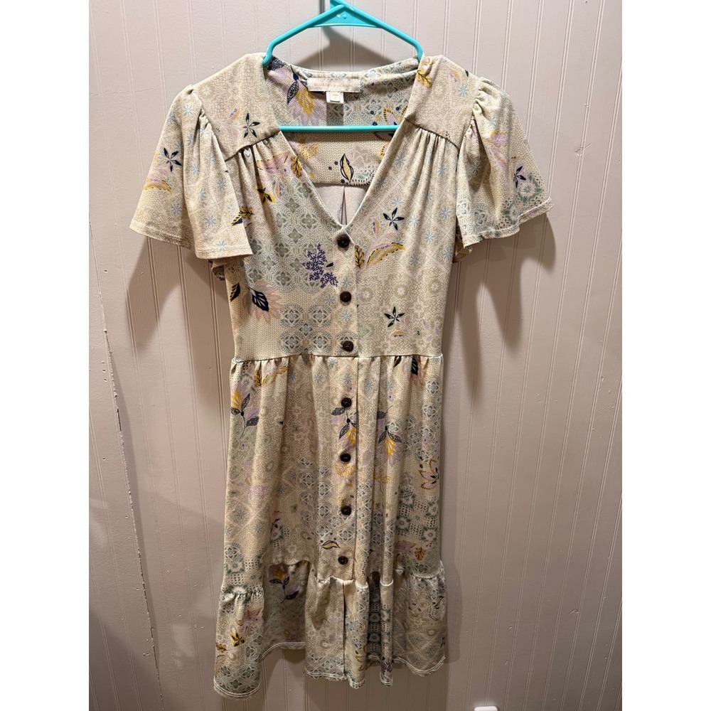 Monteau Los Angeles Floral Patchwork‎ Button Front Flutter Sleeve Midi Dress S